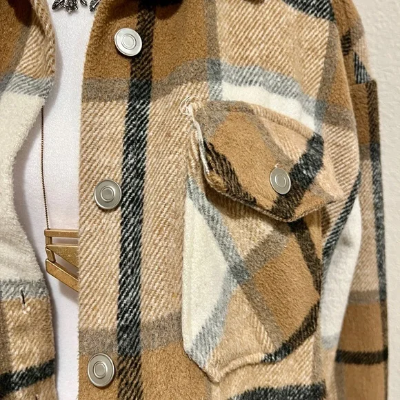 Oversized Tan and Cream Plaid Shacket - Flannel Shirt Jacket - Picture 5 of 5